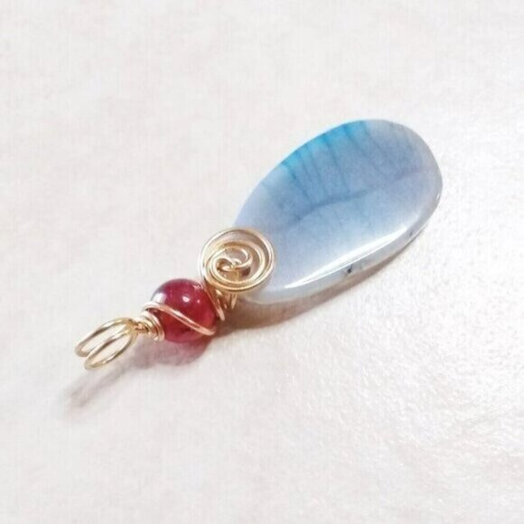 Sky Blue & Berry Red Agate Pendant - Wire Wrapped! Upbeat & Positive Vibes! - Picture 4 of 9